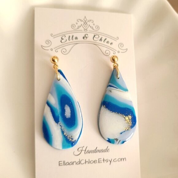 HandCrafted Gold Blue White Agate Gemstone Resin Large Tear Drop Dangle Earrings - Picture 4 of 8